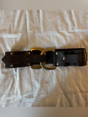 Linea Pelle Dark Brown Leather Belt with Antique Gold Buckle